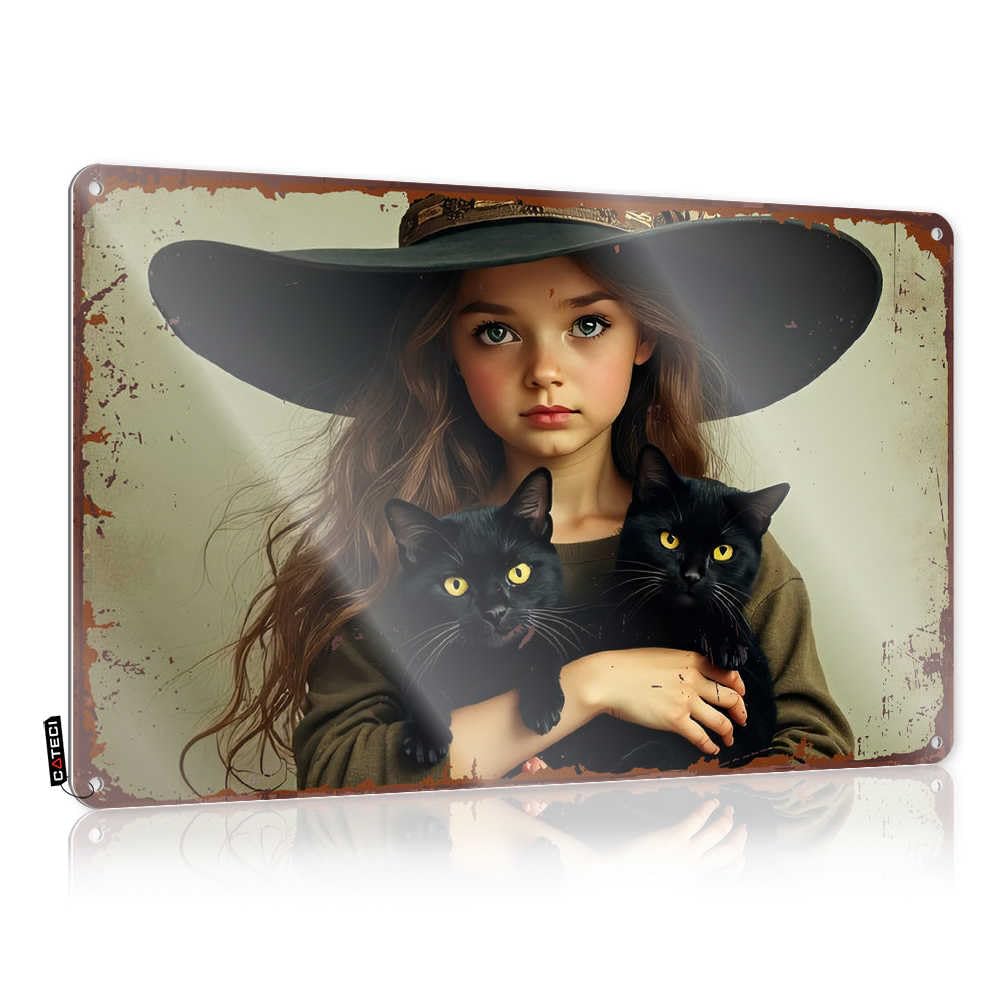 IBWNBBUSN Beer Decorations For Man Cave Whimsical Witch: A Girl With Black Cats In A Vintage Hat Tin Sign Metal Signs For Home Decor Tin Signs For Garage(30X40CM)