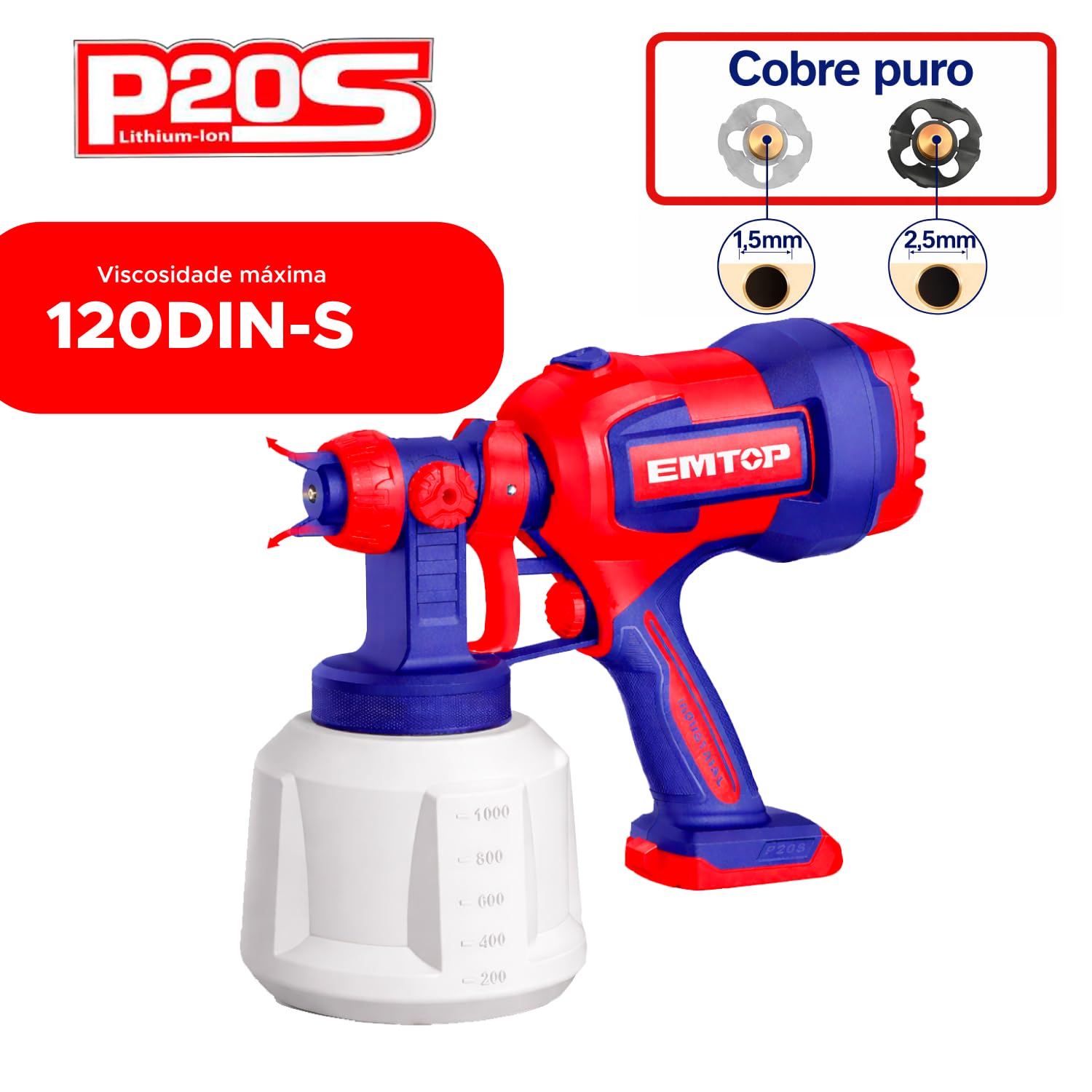 EMTOP - Pistola de Pintura a batería | 20 V | 800 ML | Presión 0,1-0,2 Bar | Viscosidad Máx 120 DIN-S | NO Incluye Batería ni Cargador | para Pintado de Muebles, Puertas y Vallas | Diseño Robusto