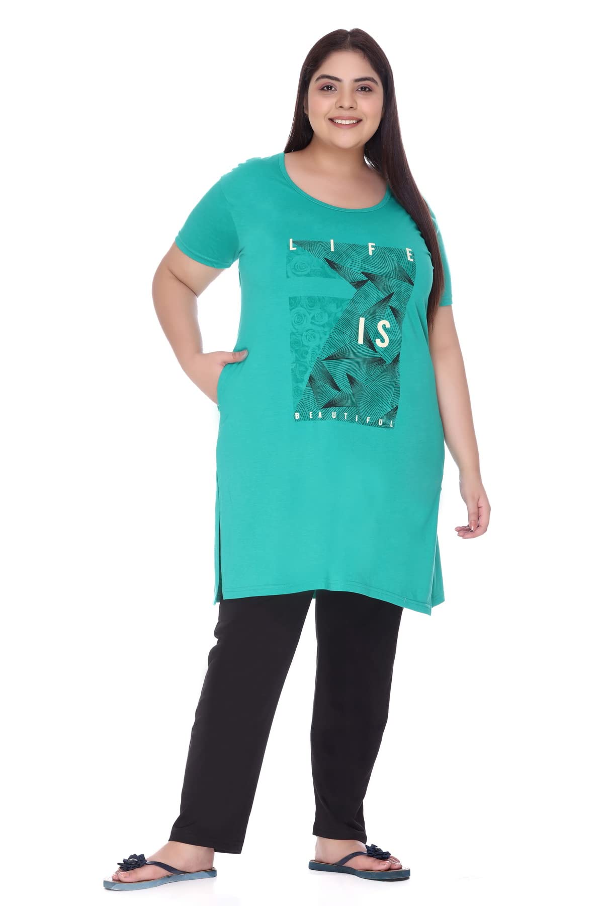 Women's Plus Size Cotton Long-line Chest Print T-Shirt with Pyjama Set-image-13