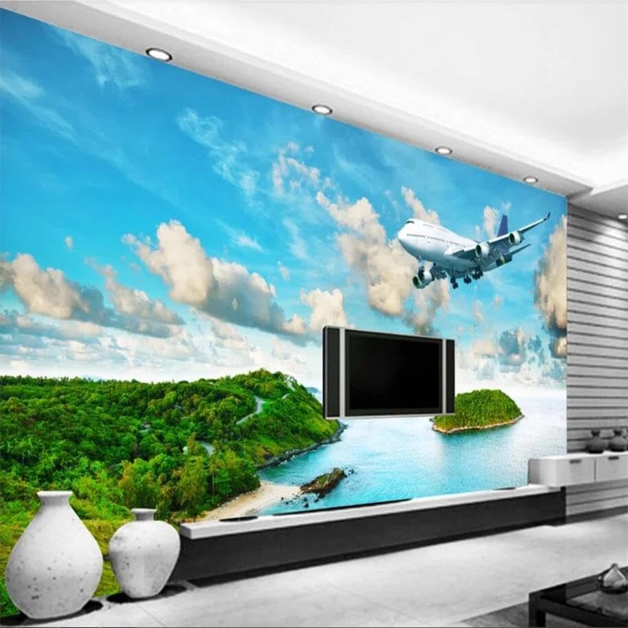 Papier peint mural 3d bleu ciel île avion pour salon et chambre