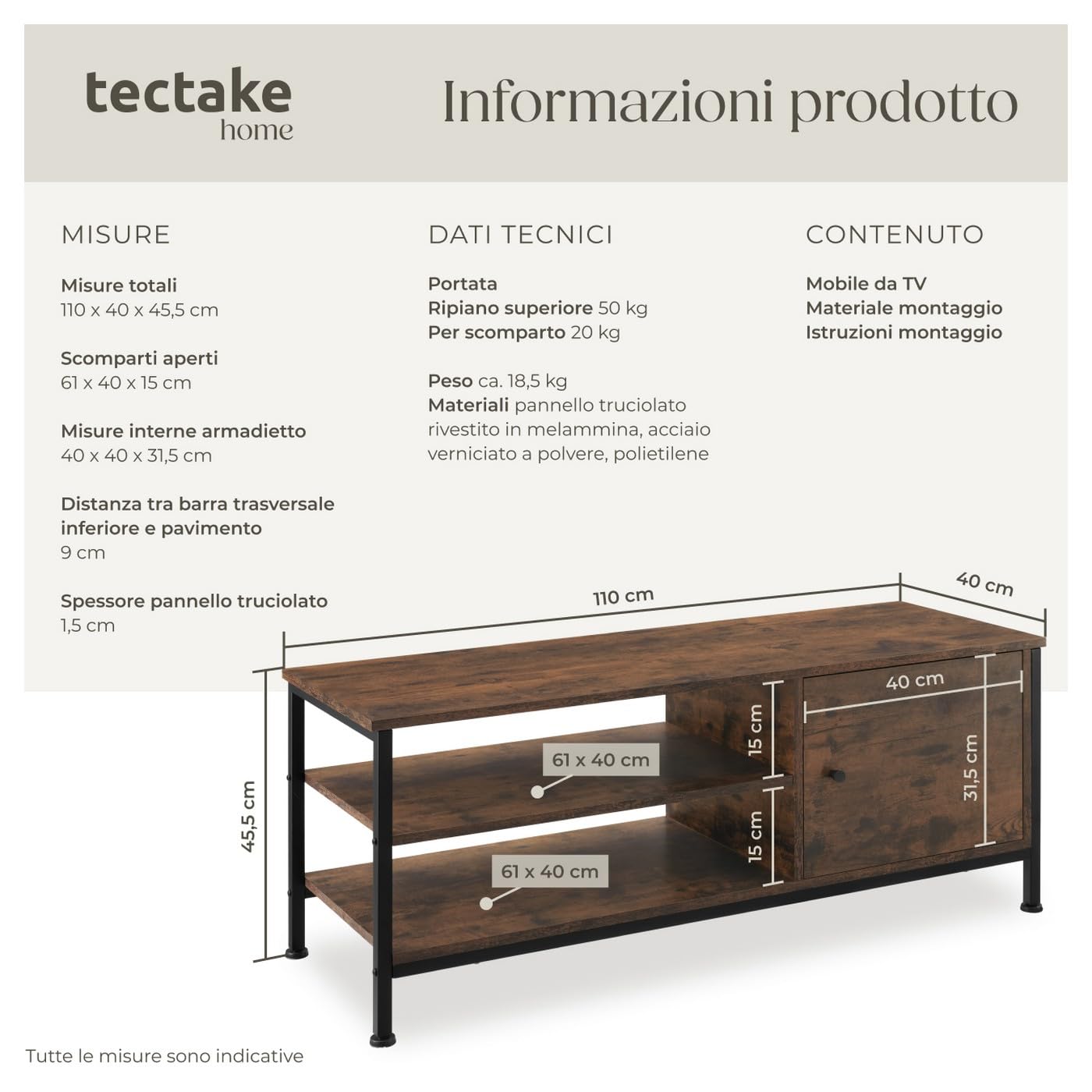 tectake® Mobile TV 110x40x45,5cm, Mobile Soggiorno Stile industriale, Ideale TV 50 pollici, Home Theater 2 ripiani Aperti e 1 Scomparto con Porta, Fori per Cavi Televisore, Mobiletto - Legno Scuro
