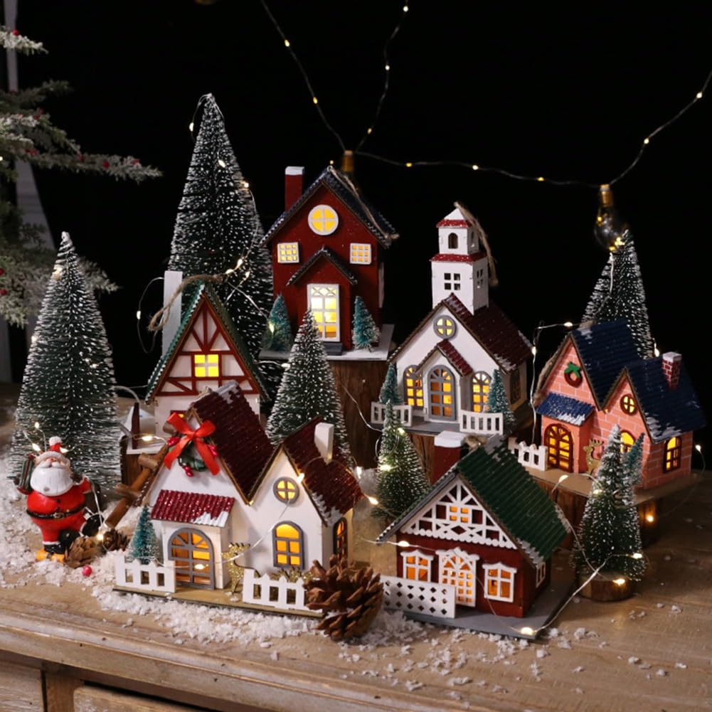 Casa de Troncos Casa Edificio Luminoso Adornos Navideños de Madera Adecuado para la Decoración del Árbol de Navidad