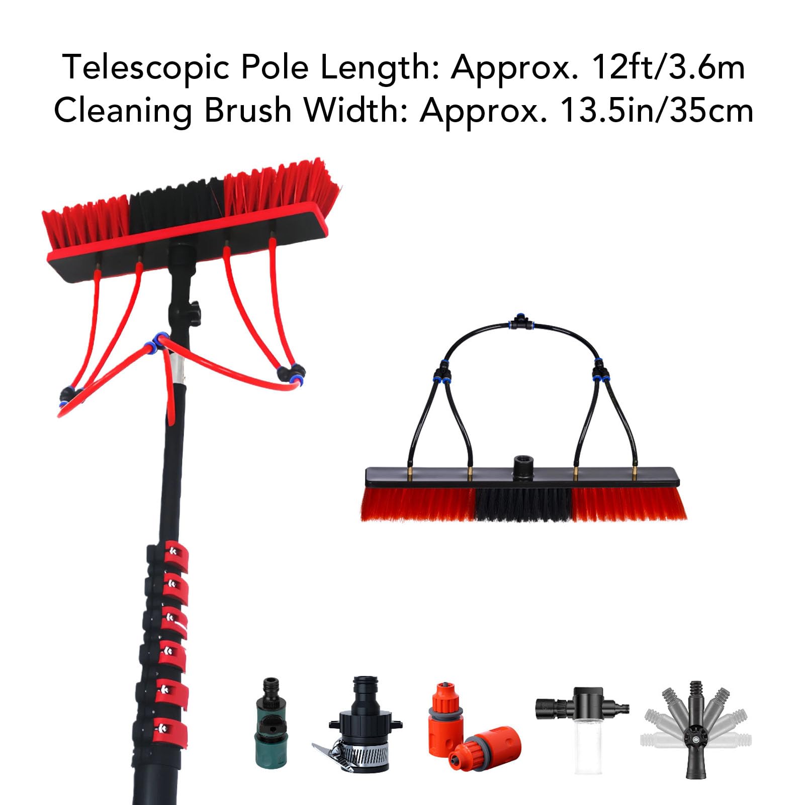 Luocute Poste Telescópico de Fibra de Carbono de 12 Pies, Cepillo de Limpieza de Paneles Solares con Cabezal de Nailon de 13,5 Pulgadas, Dispensador de, Rotación de 180 Grados para