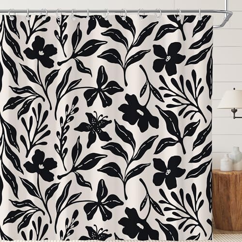 Black Boho Cute Retro Floral Leaves Abstract 72W*72H Inch Shower Curtain