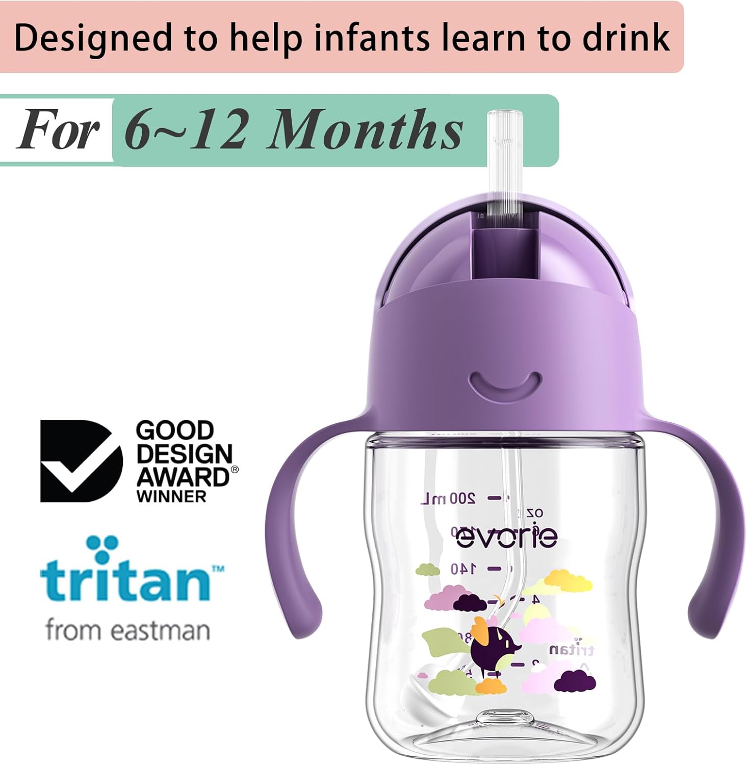 Evorie Tritan 7 Oz Weighted Straw Sippy Cup for Baby and 10 Oz Toddler Bottle with Straw and Removable Handles for School (Day Dream and Smiley)