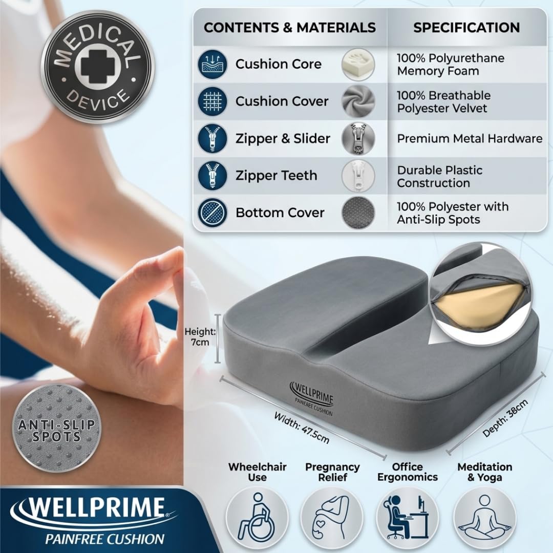 Wellprime Painfree Cushion, Cuscino ortopedico con diversi gradi di durezza, riduce la pressione sul coccige, problemi alla prostata, favorisce la circolazione sanguigna e alleggerisce il coccige (2)