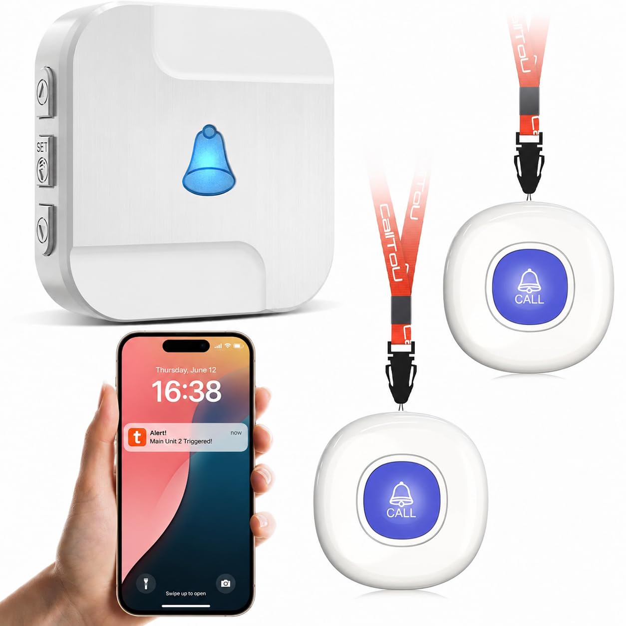 CallToU Tuya - Alarmas personales WiFi para ancianos, sistema de botón de llamada de alarma impermeable con 2 botones de llamada y 1 receptor, se conecta al teléfono, solo soporta WiFi de 2.4 GHz