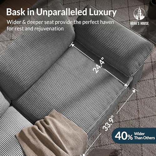 Image of HERA'S HOUSE 124 inch Oversized Modular Sectional L Shaped Sofa, Corduroy Grey | 4-Seater Living Room Couches, Wider Armrest and Deep Seat, Comfy Cloud Couch with Ottoman, Wood Sturdy Frame