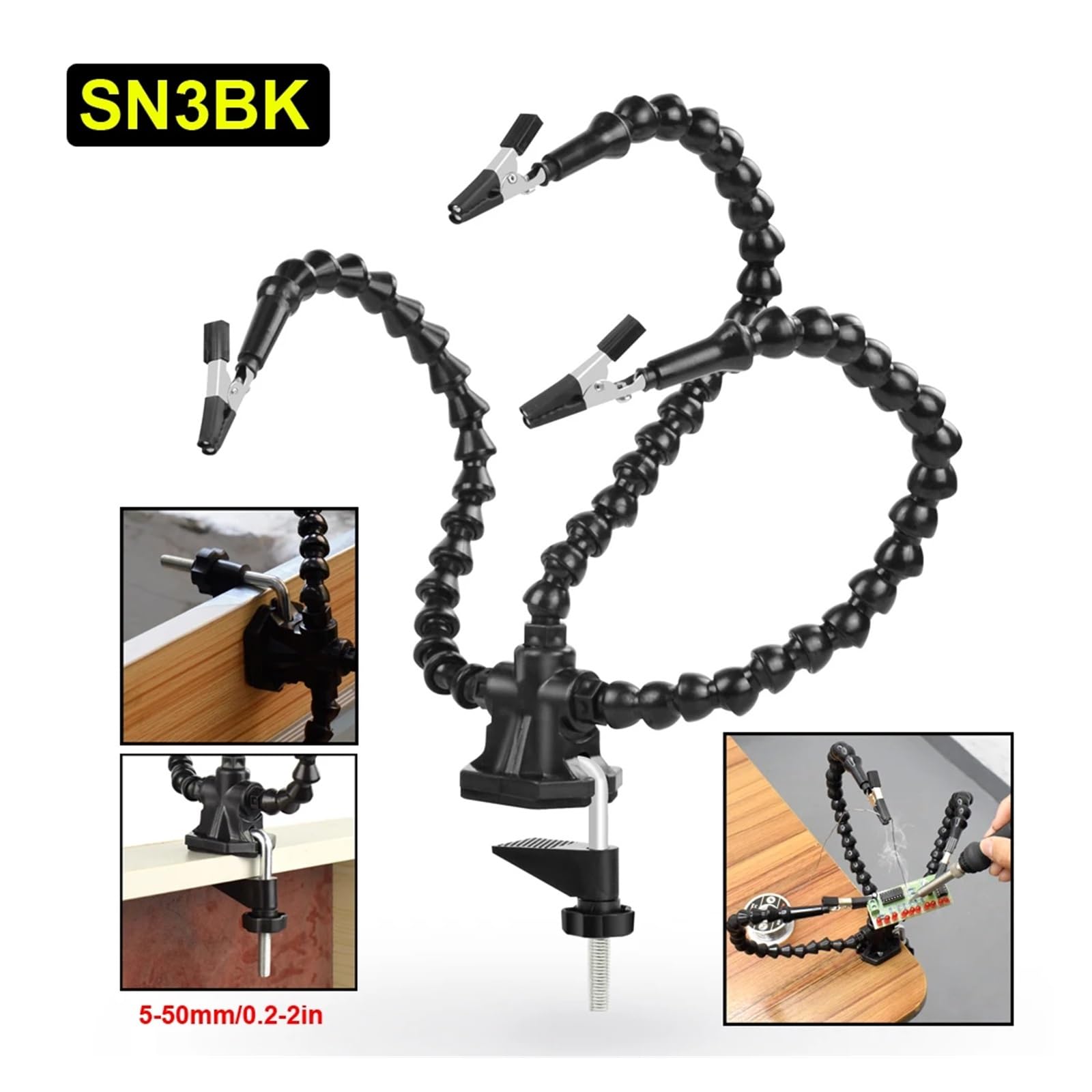 Ausilio per Saldatura a Terza Mano, Strumento di Supporto con Lente d'Ingrandimento e Luce USB, Bracci Flessibili, Morsetti a Coccodrillo, Base Stabile, Nero, Confezione da 3(Sn3bk)