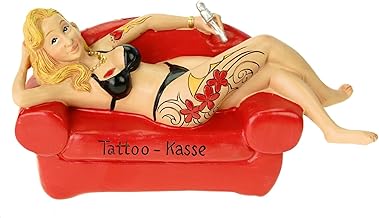 Tirelire tatoueuse sur canapé - 18 cm - Tatouage fille - Poly multicolore