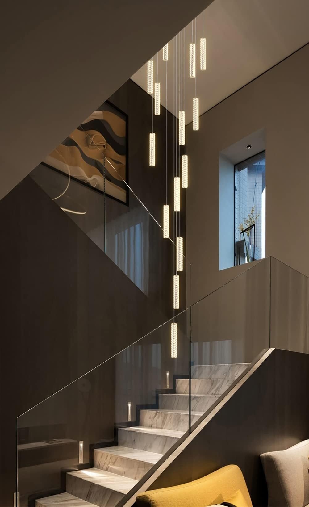 Lampa wisząca Crystal Stairs 6 świateł 36W w kształcie kropli deszczu, długa lampa wisząca, nowoczesny i luksusowy design, na spiralne schody, hol wejściowy (15 lum