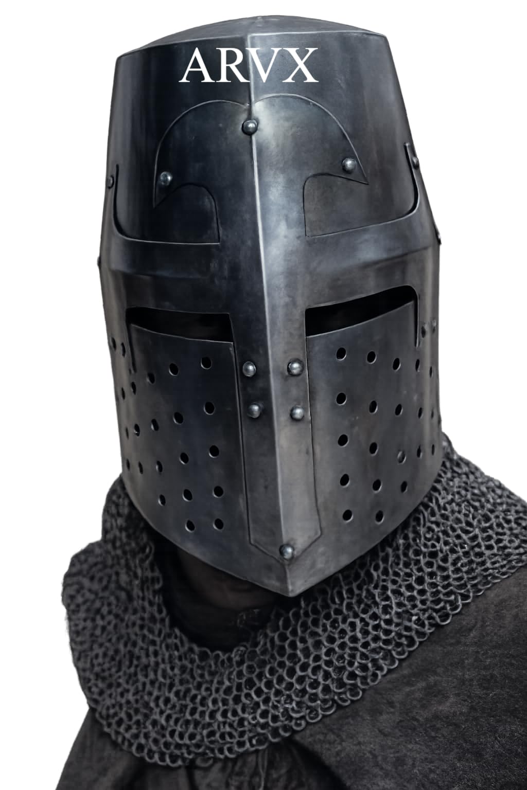 Medieval Knight Crusader Templar Great Helm, Black Steel, Full Face Replica for LARP, Cosplay, Halloween & Historical Reenactment