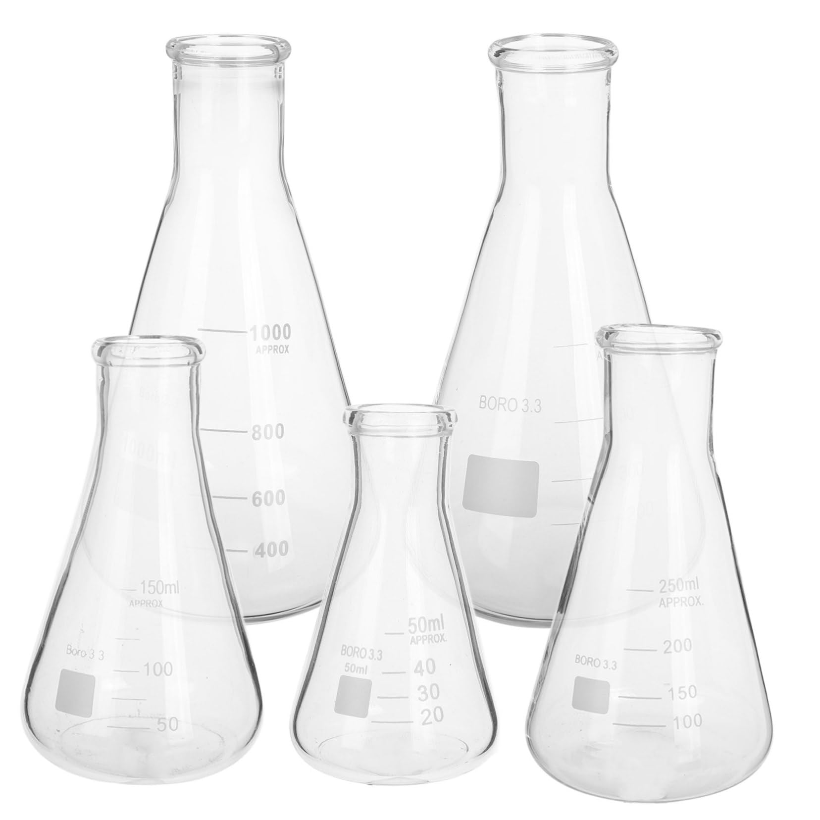 SOLUSTRE Matraces Erlenmeyer de Vidrio Borosilicato Set de 5 (50 Ml 150 Ml 250 Ml 500 Ml 1 L) Boca Estrecha Resistentes a Altas Temperaturas para Laboratorio y Experimentos Científicos
