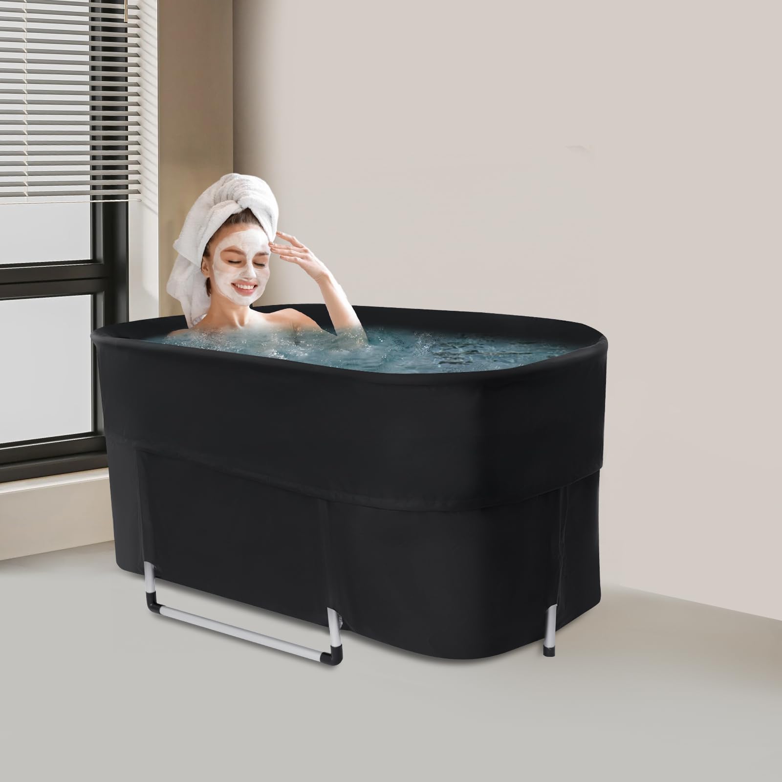 Vasca da bagno portatile pieghevole con telaio in metallo, grande, ovale, per adulti, multistrato, portatile, per esterni, spa mobile, per bagno caldo, bagno ghiacciato, 115 x 57 x 55 cm, nero
