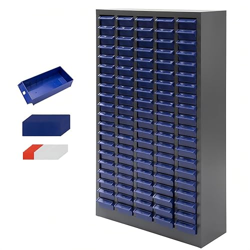 Armoire à outils en métal avec étagères et kit d'assortiment.