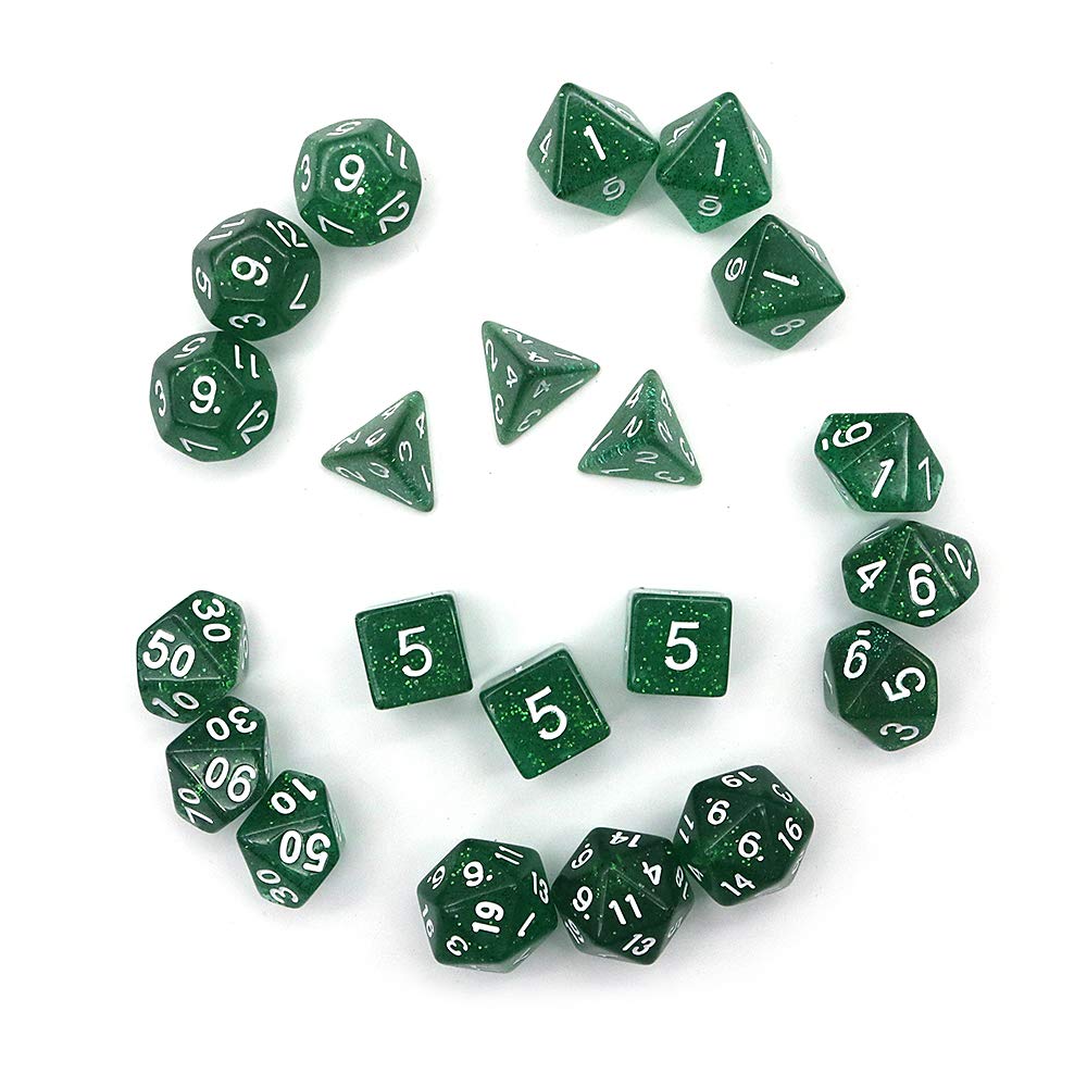 DollaTek Glitter Point Polyhedral Dice Set Gry sto?owe ko?ci 3 zestawy ko?ci 3 x 7 (21 sztuk) Die Series D20 D12 D10 D8 D6 D4 DND DND RPG MTG Double Colors One Piece (zielony)