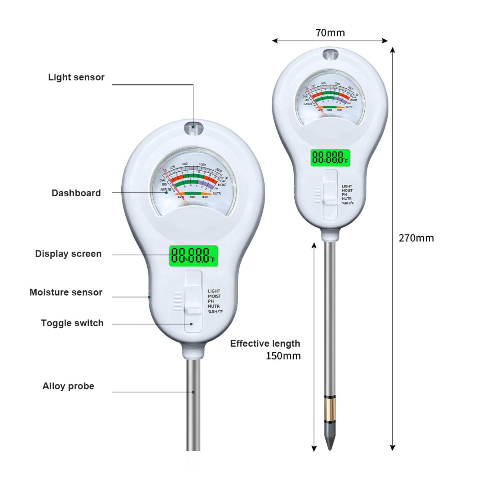 Generico 6-in-1 Analizzatore del Terreno, Misuratore di umidità/Misuratore di PH/Fertilità/Intensità della Luce Solare + Display LCD Ruotabile A 90° Igrometro/Termometro per Piante, Giardini