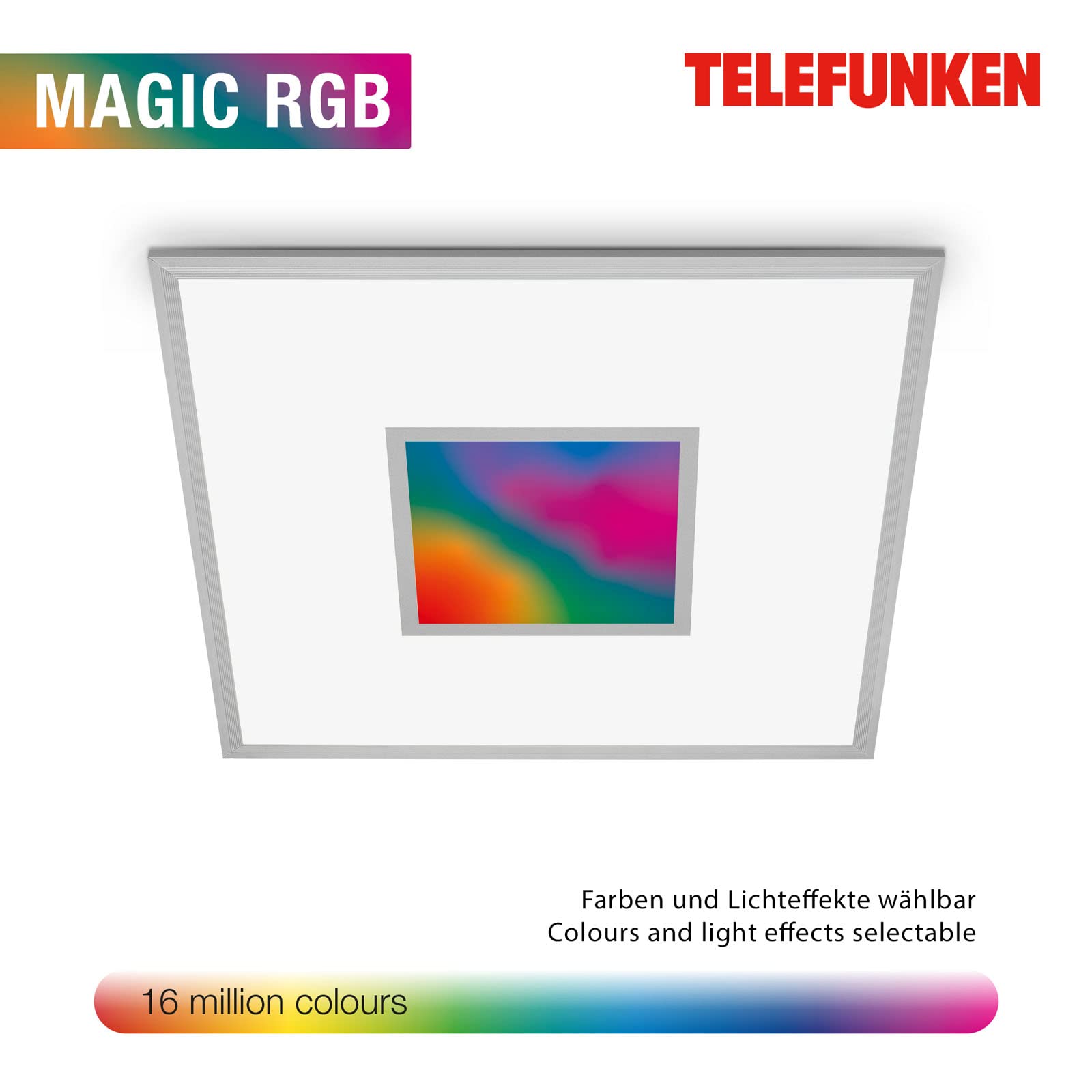 TELEFUNKEN - LED Panel RGB, LED Deckenleuchte CCT, Deckenlampe RGB Centerlight, Regenbogeneffekt, Fernbedienung, Dimmbar, Silberfarbig, 595x595x65 mm, 319804TF