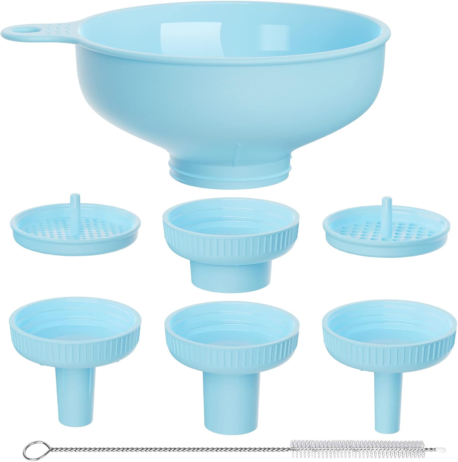 Pisol wide mouth plastic funnel set with multiple spouts and strainers