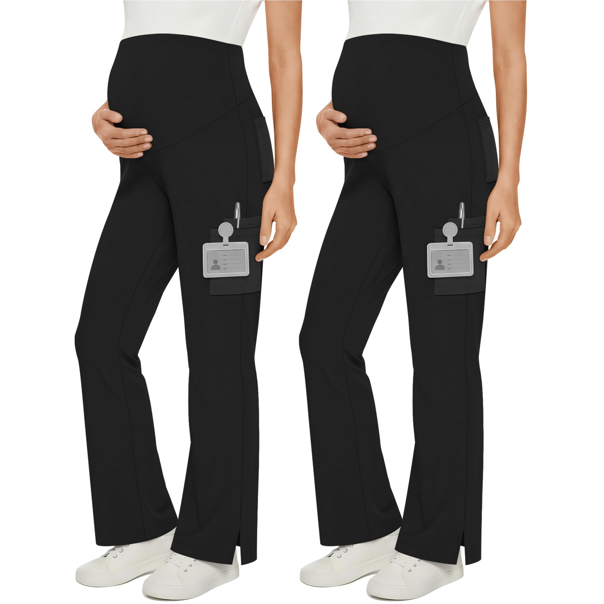 2 Pack Womens Maternity Scrub Pants Wide Leg Pregnancy Cargo Pants Over The Belly Stretchy Trousers for Nurse