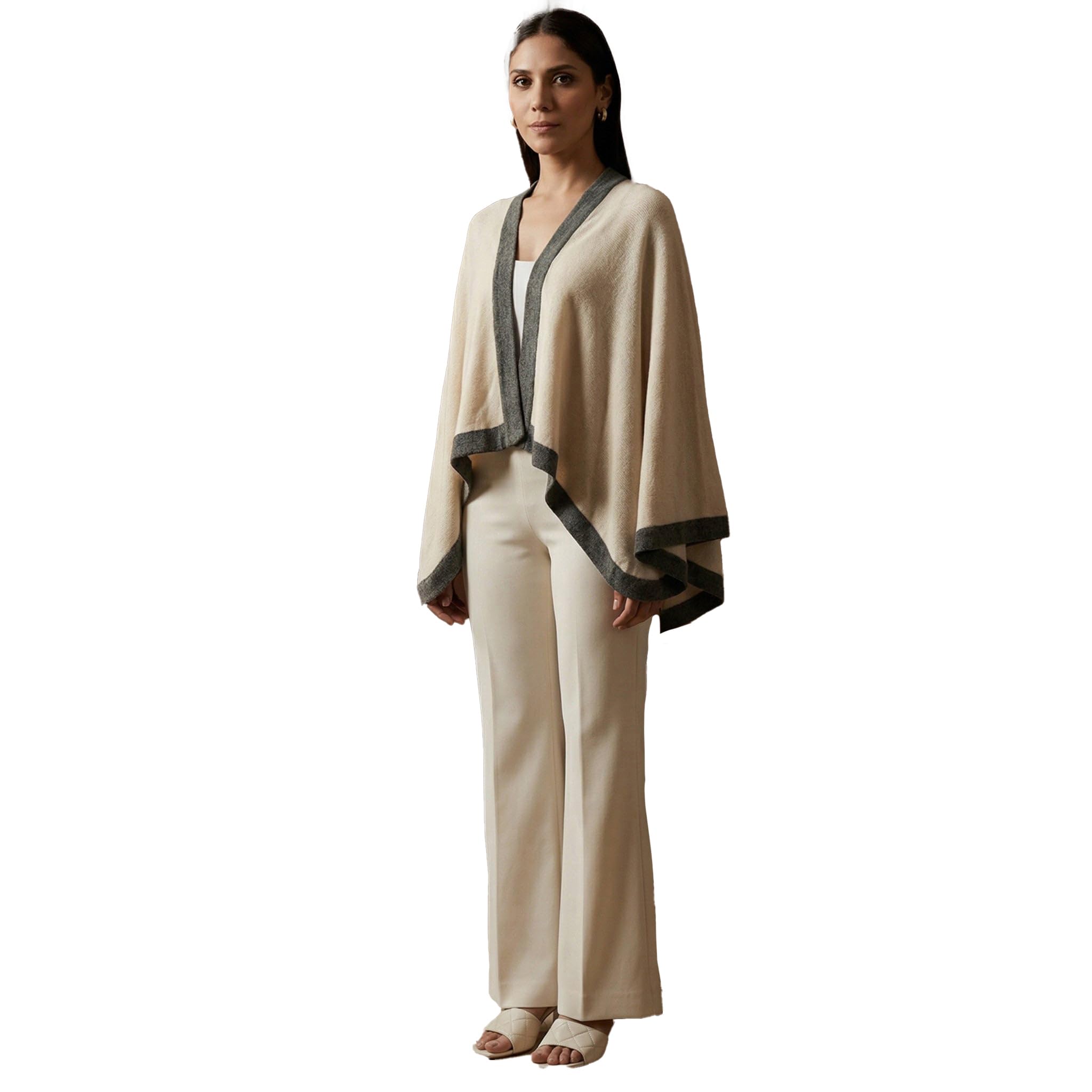 Cream and Grey Short Knitted Cashmere Cape-image-21