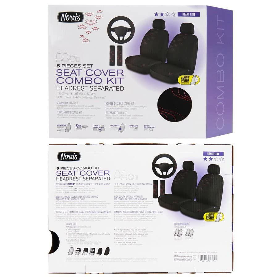 Norris Coprisedili Anteriori Universali per Auto/SUV, Set Completo con Coprivolante e Cuscinetti Cintura, Design Semipersonalizzato, Massima Protezione e Comfort, Facile Installazione, Lavabile 30°