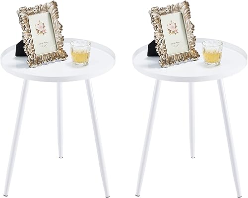 Apicizon Juego de 2 mesas auxiliares redondas de 16 pulgadas, mesa auxiliar de metal blanco para sala de estar, mesita de noche, mesa de centro