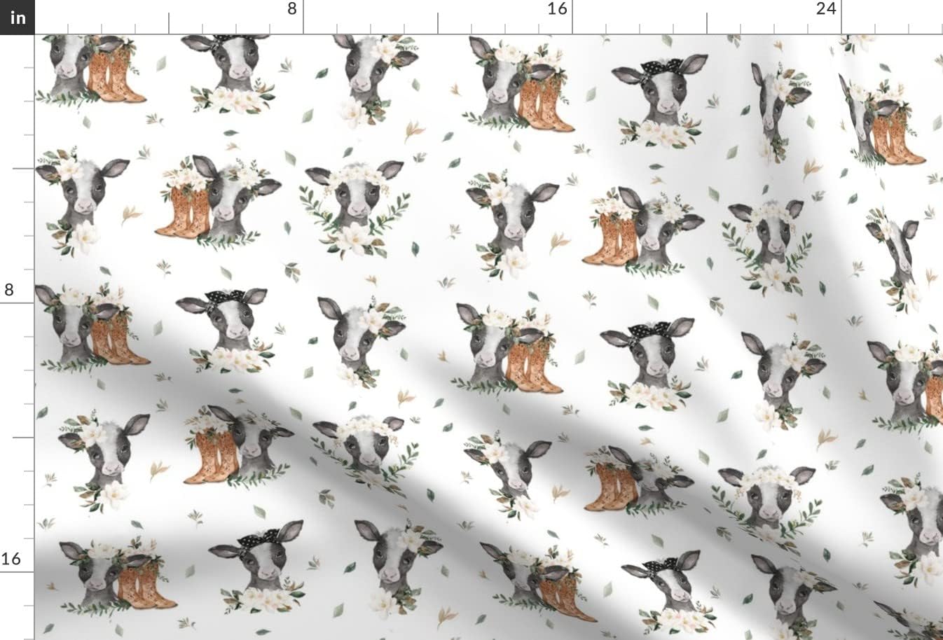 Spoonflower Fabric - Cows Black White Floral Watercolor Cowboy Cow Printed on Upholstery Velvet Fabric Fat Quarter - Upholstery Home Decor Bottomweight Apparel