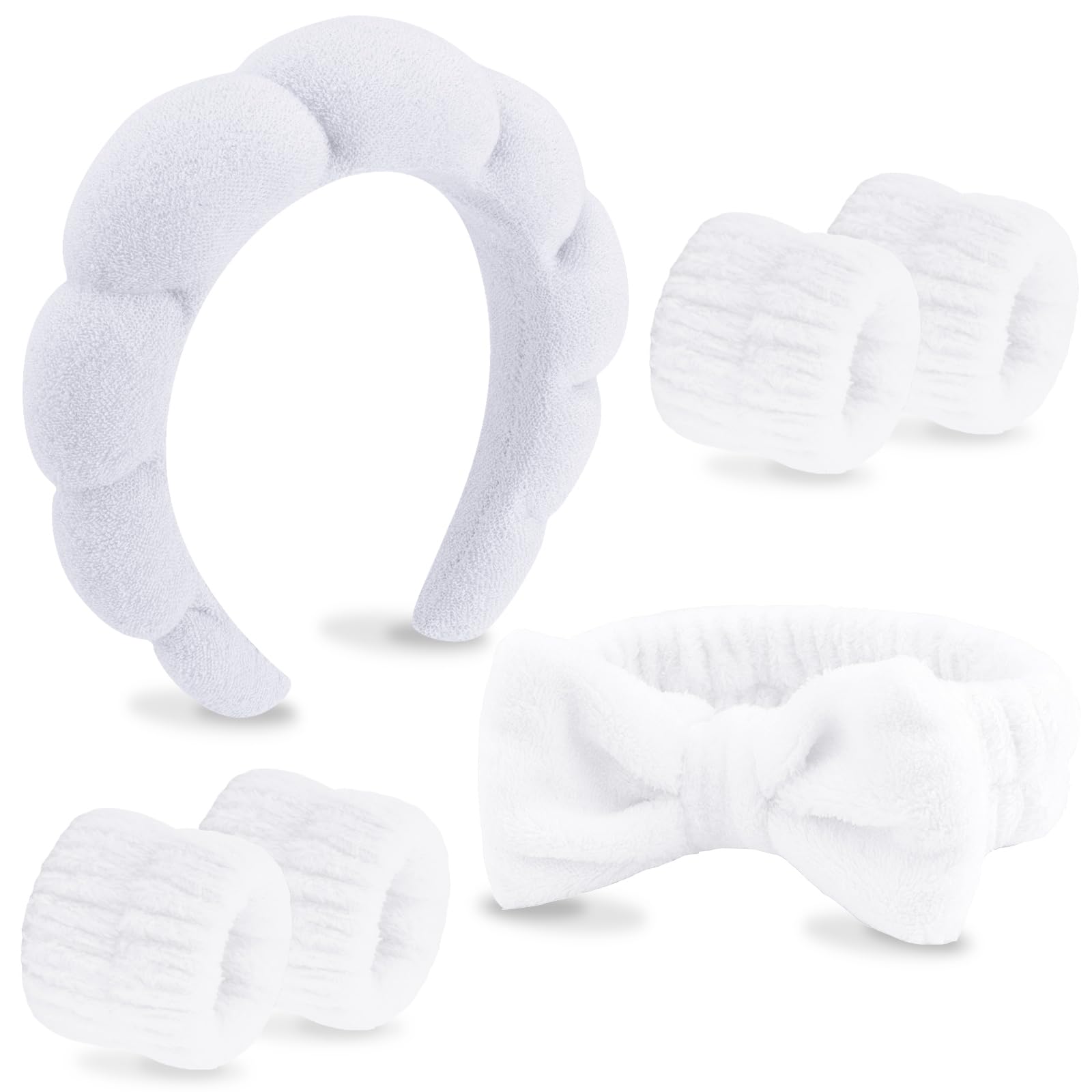 VELSCRUN 6 Pack Spa Headband, Makeup Headband, Face Wash Headband, Skincare Headbands, White Sponge Hair Band Bow Tie Spa Headband for Washing Face Wristband Set Hair Accessories for Women Gifts