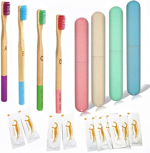 Cepillo de dientes de bambú de 4 unidades  suave respetuoso con el medio ambiente con 4 fundas de cepillo de dientes de viaje y 10 paquetes de hilo