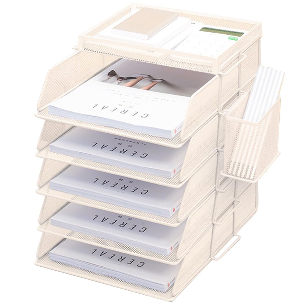 ZESLIV Desk Organiser with File Holder, 5-Tier Letter Tray with Drawer and Pen Holders, Mesh Desk File Organiser with Magazine Holder for Office Organiser, Beige