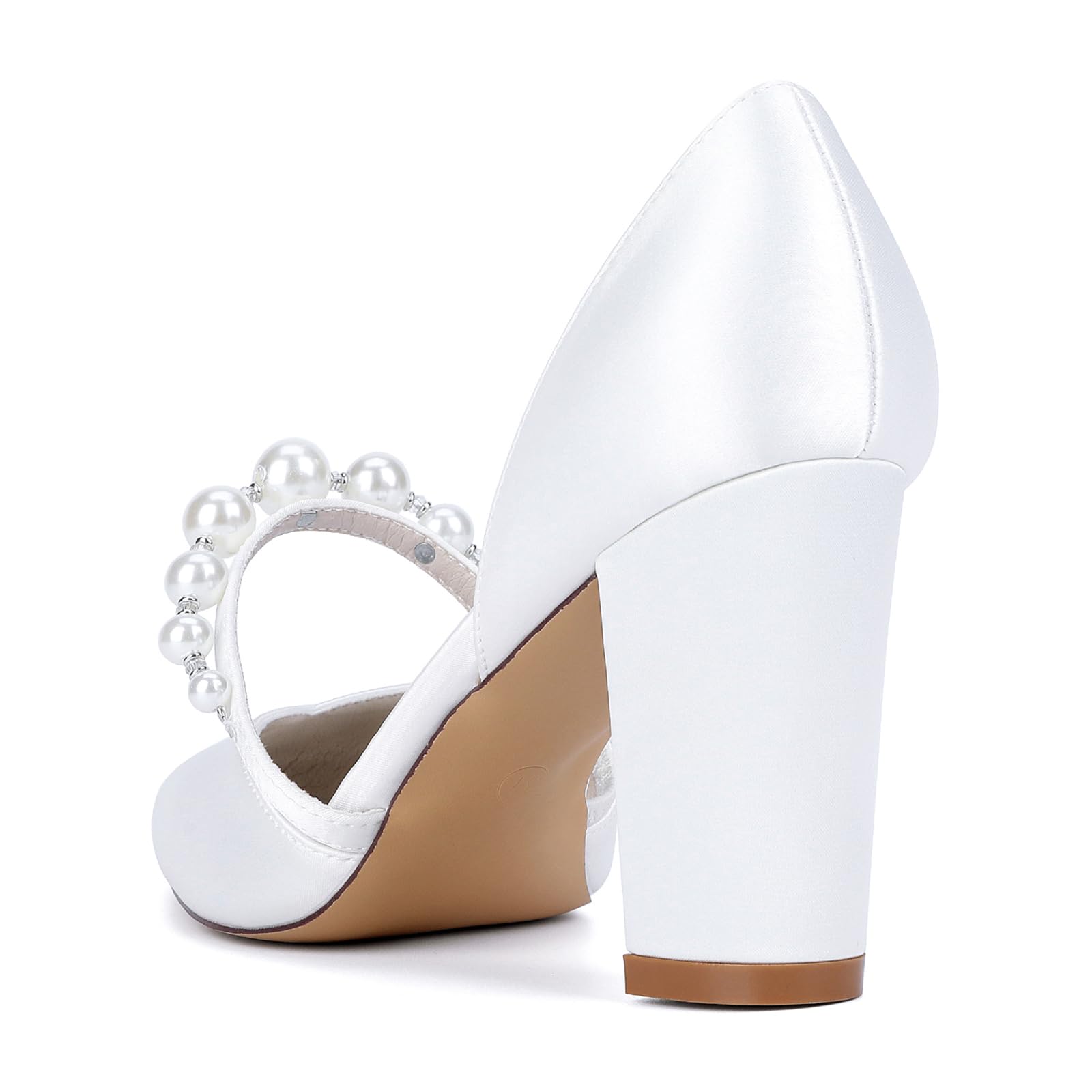 Frauen Geschlossene mit Perle Knöchelriemen Spitze Zehen Hochzeitsschuhe Blockabsatz Kleid Pumps Satin Party Brautschuhe