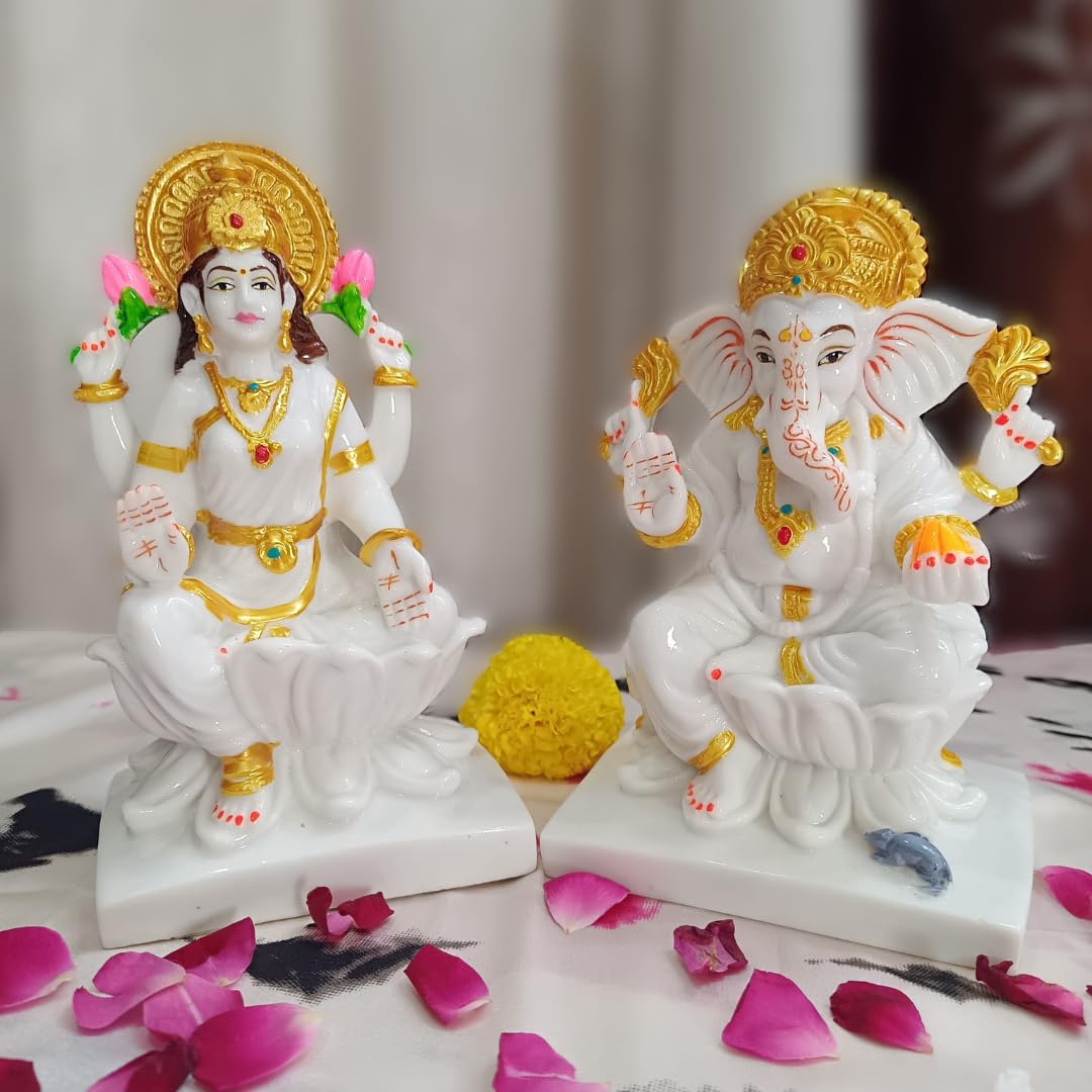 APNIMARKET Marble Dust Laxmi Ganesh Statue Laxmi-Ganesh Idols for Home Office Décor Ganesh Laxmi Marble showpiece Gift for Birthday Wedding Festivals 7" White Laxmi Ganesh ki Stone murti