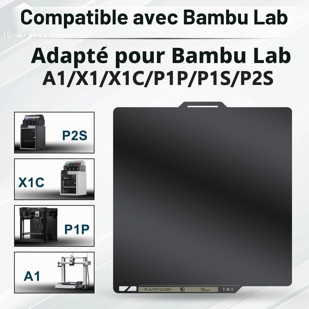 PEI Plaque de construction pour imprimante 3D Bambu Lab P2S/X2D/P1S/P1P/X1C/X1/X1E/A1, lit chauffant PEI lisse double face (avec code QR) 257 x 257 mm Surface d'impression amovible en acier à