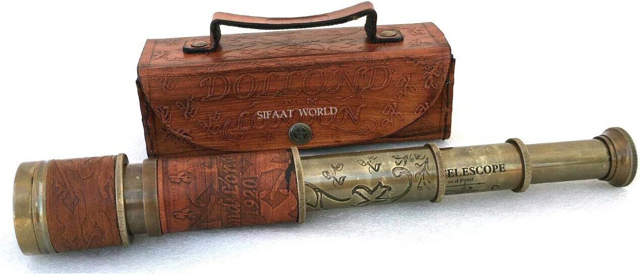 TSWO Handcrafted Telescope | 15 Inches | Functional Vintage Replica Nautical Antique Brass Spyglass Telescope | DOLLOND London 1920 Marine Collectible Décor Pirate Telescope with Leather Box