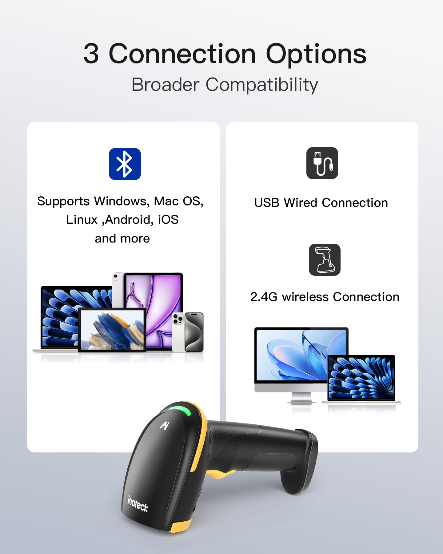 Inateck Lettore Codici a Barre 2D Wireless con Base di Ricarica, BCST-36 | 1D 2D QR, Bluetooth 2.4G USB, 2600mAh, Base Ricarica, APP AI SDK, 3 Modi Scansione, Compatibile Windows Mac Android