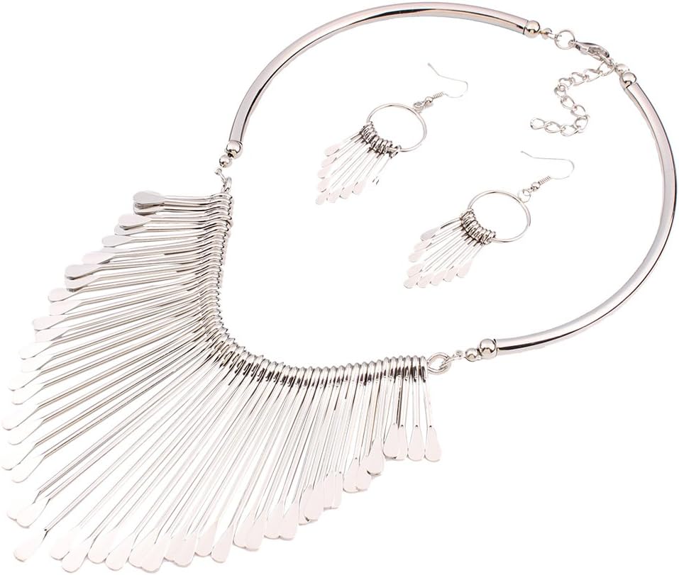 YAZILIND Women Ethnic Style Tassel Drop Pendant False Collar Statement Necklace Earrings Set
