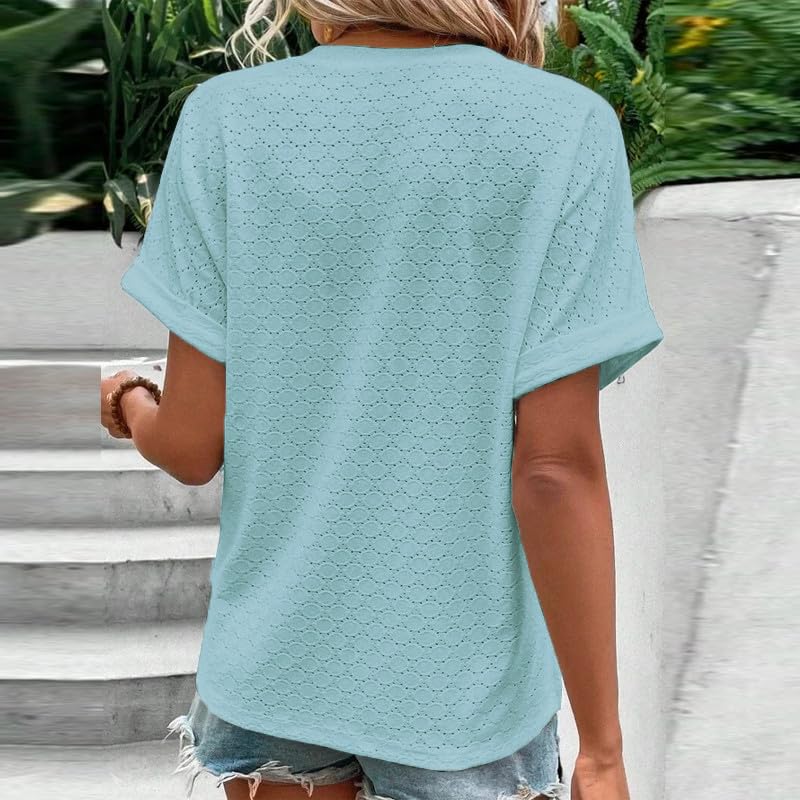Womens T Shirts Slim Crop Short Sleeve Tops Quarter Button V-Neck Solid Hollow Lightweight Top Women Modern Shirt4