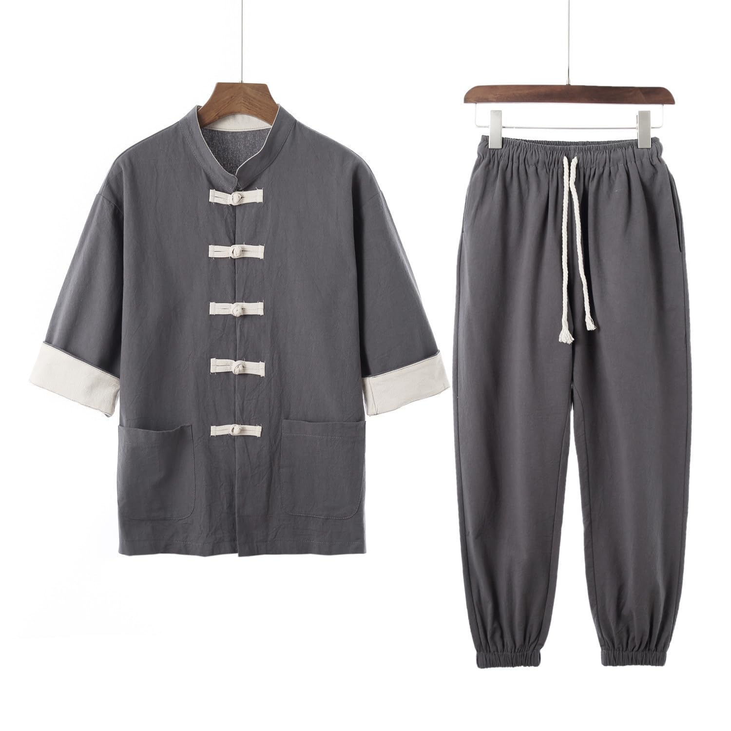 Tuta Tang Uomo Tradizionale Cinese Abbigliamento Arti Marziali Kung Fu Cotone Lino Tai Chi Uniform Kung Fu Vestito Tradizionale Costume Hanfu Camicia Lunga Cappotto Top e Pantaloni