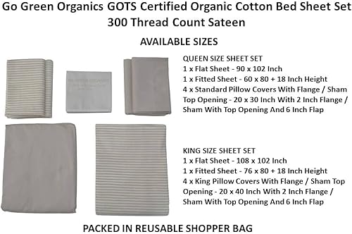Miniatura 4 de GO GREEN ORGANICS Juego de sábanas de satén de algodón orgánico de 300 hilos Queen estándar de Estados Unidos rayas plateadas para la nieve