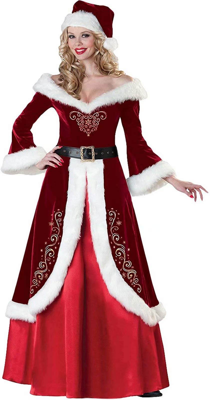 VERNASSAWomen's Mrs. Santa Claus Costume Christmas Hat Fancy Dress with Belt, 3 Piece Cosplay Party Fancy Long Dress