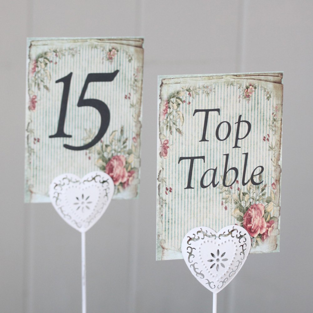 Luck and Luck Vintage Stripped Green Floral Wedding Table Numbers Top Table - 1-15 Rustic
