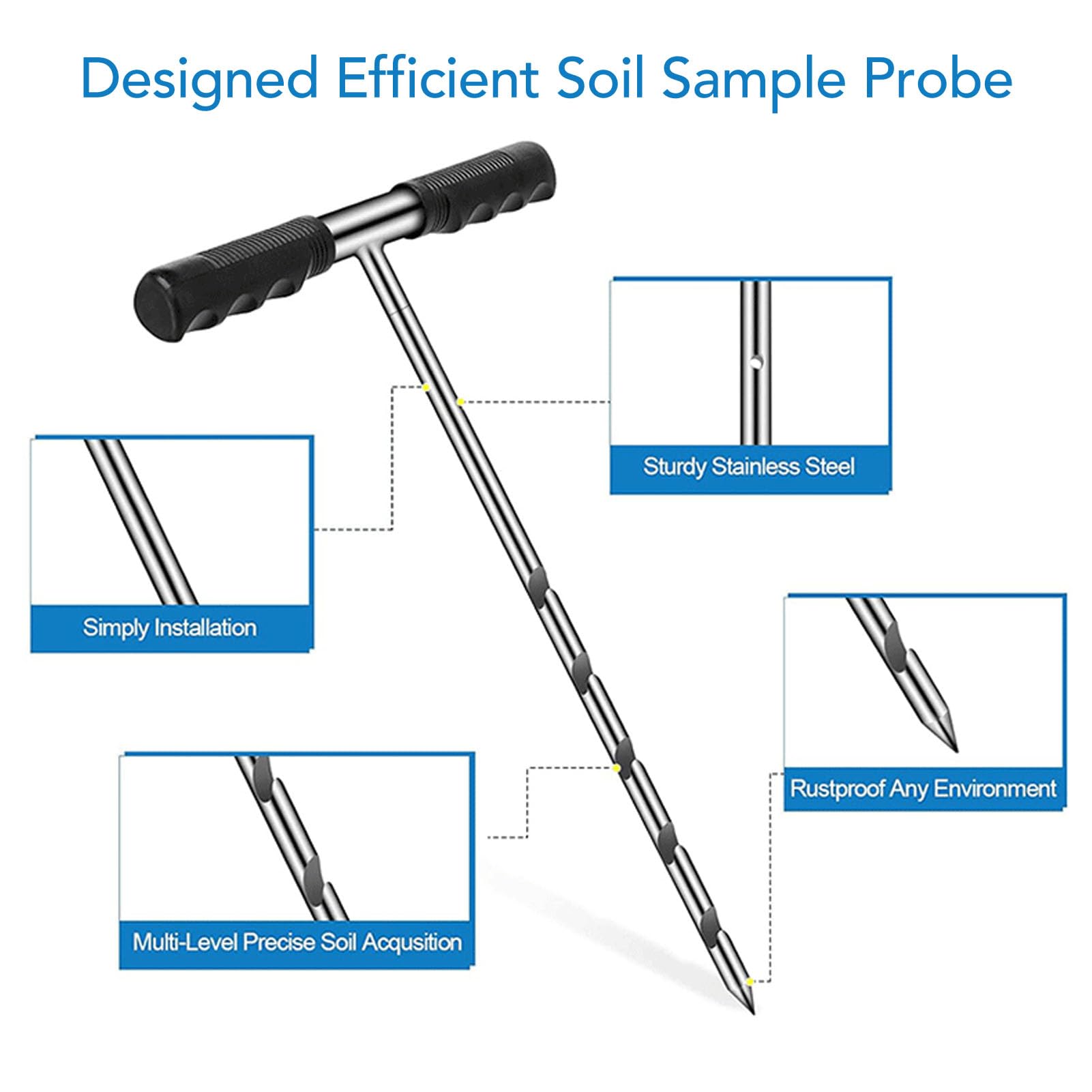 Tige de Sonde de Sol, Sonde D'échantillon de Sol en Acier Inoxydable, Outil de Sonde Réglable de 17 Pouces 32 Pouces 48 Pouces avec Poignée en T, Collecte D'échantillons de Sol