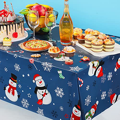 Irenare 3 Pieces Christmas Snowman Tablecloth Winter Snowman Table Cover Plastic Disposable Snowflake Holiday Party Table Cloth for Xmas New Year Party Decorations Supplies, 54 x 108 Inch (Blue) – Image 6