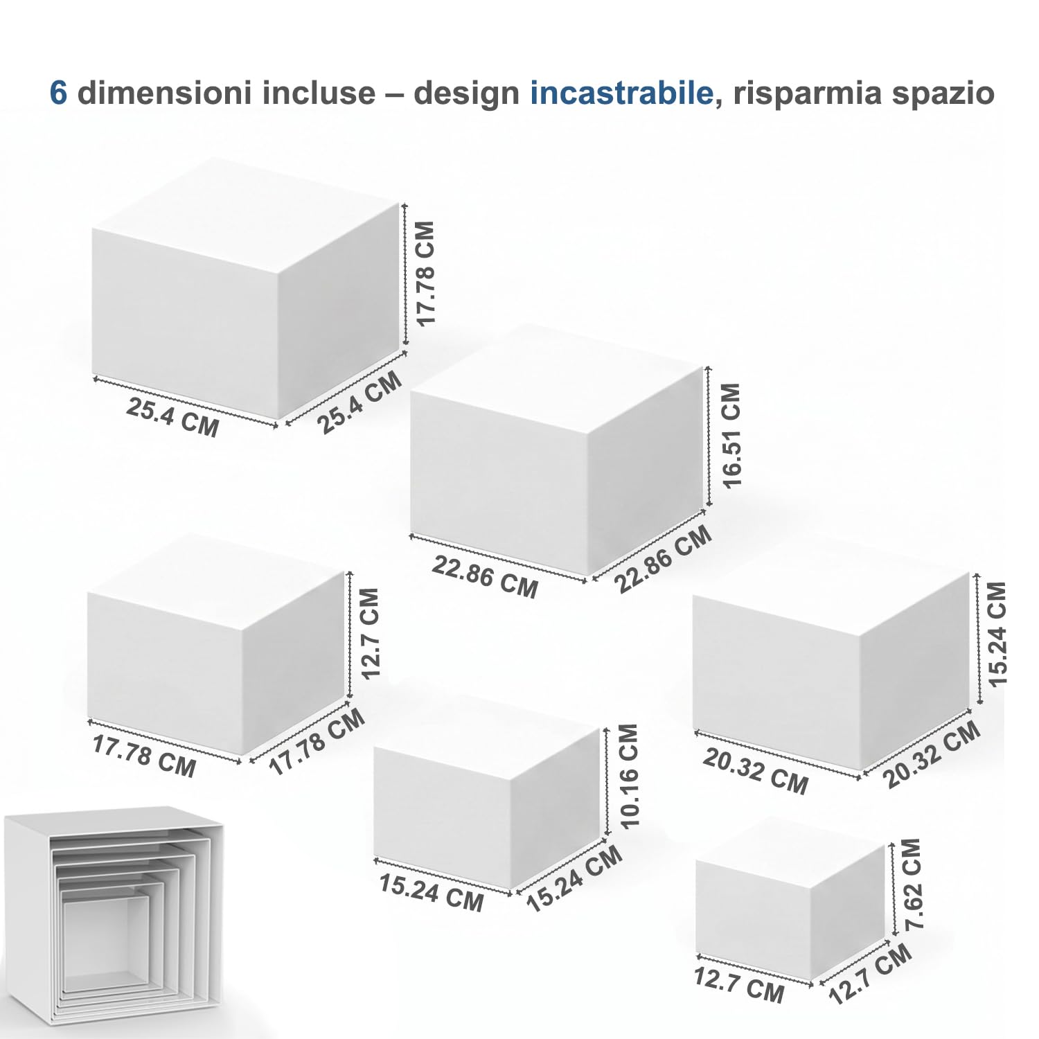FUSHITON 6 Pezzi Alzata per Dessert in Plastica Bianca, Supporti di Presentazione per Buffet - Cubi Espositivi a 5 Facce Impilabili per Pasticceria, Decorazione, Negozio (6 Dimensioni Diverse)