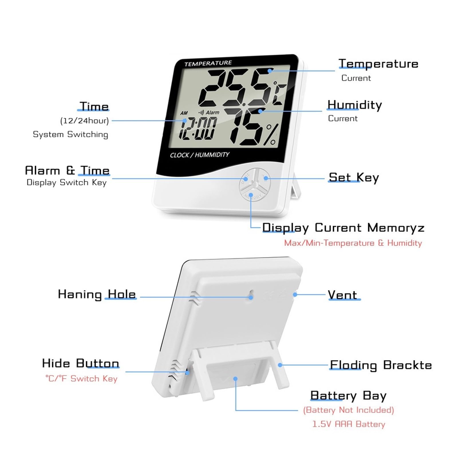 LCD elektroniczny cyfrowy czujnik temperatury miernik wilgotności podświetlenie termometr higrometr miernik wewnętrzna stacja pogodowa zegar, Tpye 3 zielony