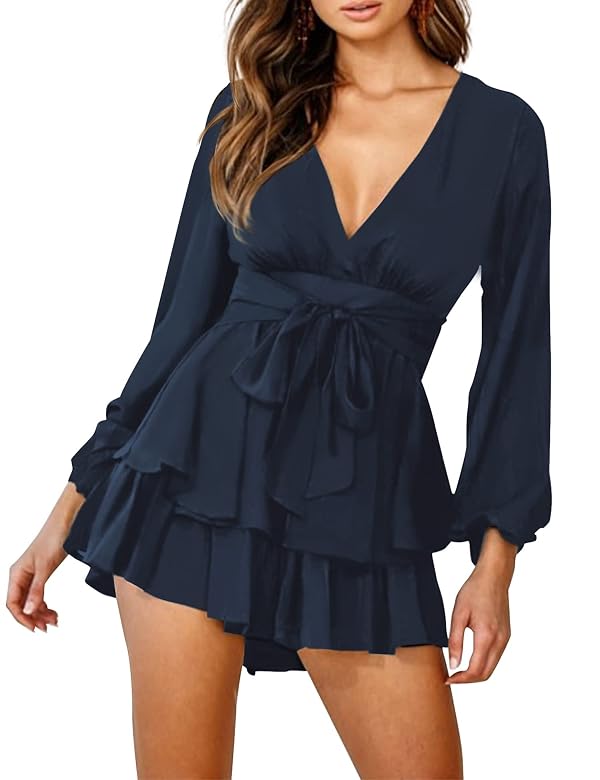 Relipop Women's Romper Solid Print V Neck Baggy Sleeve Waist Tie Layered Ruffle Hem Short Casual Summer Rompers Jumpsuits by Relipop - Image 2