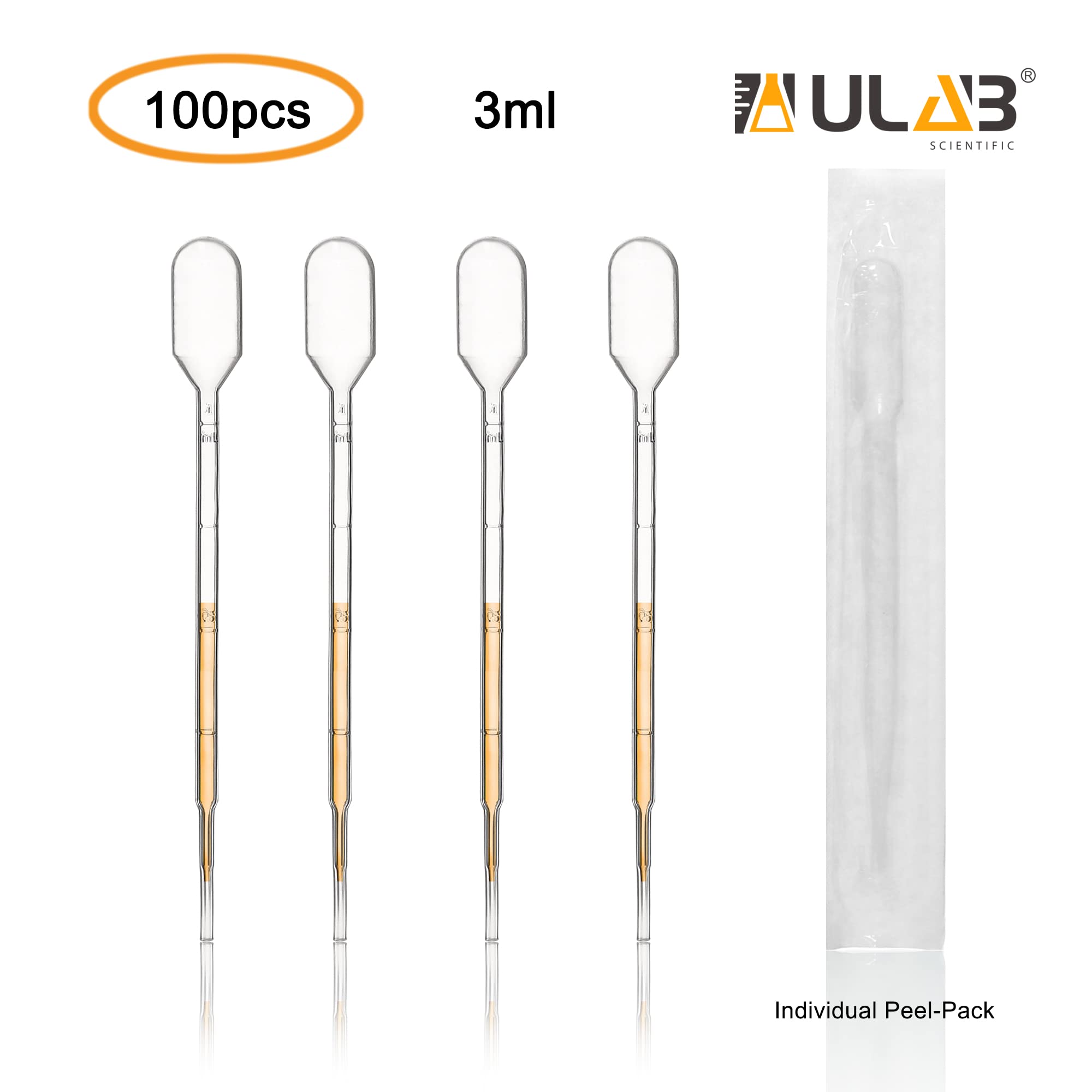 ULAB Pipetta di trasferimento sterile per oli essenziali, vol. 3 ml, 1 ml, graduata, 0,25 ml, intervallo di gradazione, lunghezza 140 mm, materiale in polietilene, confezione singola Peel Pack UTP1015