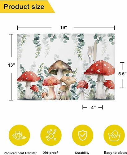 Miniatura 4 de Mushroom Eucalyptus Table Placemats for Dining Table Set of 6,Cotton Linen Cloth Kitchen Place Mats with Pocket,Washable Burlap
