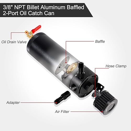 Miniatura 2 de YESHMA Tanque de depósito de aceite de 2 puertos con filtro de ventilación universal de 25.4 fl oz de aluminio con válvula de drenaje